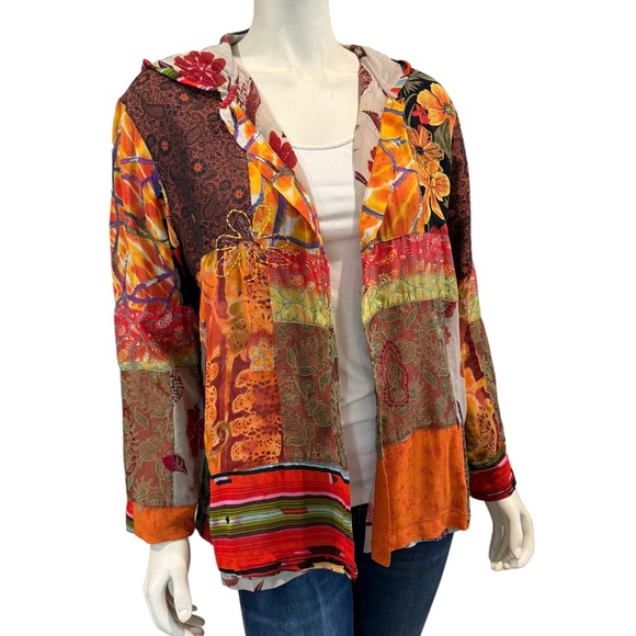 Chico’s Silk Blend Embroidered Patchwork Hooded Jacket - Picture 1 of 13